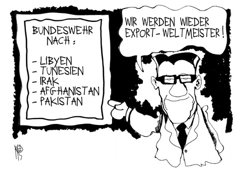 Cartoon: Bundeswehrreform (medium) by Kostas Koufogiorgos tagged bundeswehr,reform,einsatz,ausland,export,weltmeister,maiziere,verteidigung,bundestag,pakistan,afghanistan,irak,libyen,tunesien,krieg,nato,isaf
