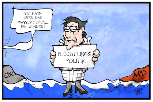 Cartoon: CDU-Flüchtlingspolitik (medium) by Kostas Koufogiorgos tagged karikatur,koufogiorgos,illustration,cartoon,akk,kramp,carrenbauer,cdu,union,flüchtlingspolitik,afd,wasser,wunder,karikatur,koufogiorgos,illustration,cartoon,akk,kramp,carrenbauer,cdu,union,flüchtlingspolitik,afd,wasser,wunder