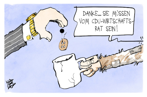 Cartoon: CDU-Wirtschaftsrat (medium) by Kostas Koufogiorgos tagged karikatur,koufogiorgos,cdu,wirtschaftsrat,almosen,spende,knopf,karikatur,koufogiorgos,cdu,wirtschaftsrat,almosen,spende,knopf