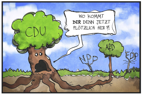 Cartoon: CDU und AfD (medium) by Kostas Koufogiorgos tagged karikaturen,illustration,cartoon,koufogiorgos,baum,wurzel,pflanze,cdu,afd,fdp,npd,partei,politik,wahlergebnis,karikaturen,illustration,cartoon,koufogiorgos,baum,wurzel,pflanze,cdu,afd,fdp,npd,partei,politik,wahlergebnis