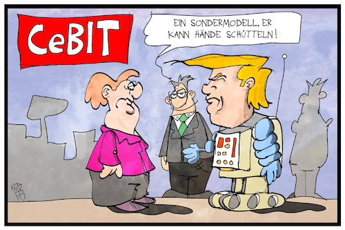 Cartoon: CeBIT (medium) by Kostas Koufogiorgos tagged karikatur,koufogiorgos,illustration,cartoon,cebit,technik,messe,hannover,trump,modell,hände,schütteln,merkel,wirtschaft,karikatur,koufogiorgos,illustration,cartoon,cebit,technik,messe,hannover,trump,modell,hände,schütteln,merkel,wirtschaft