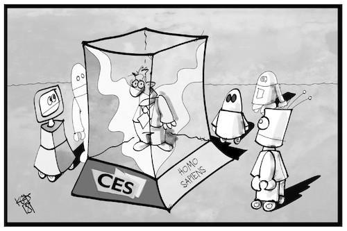 Cartoon: CES-Exponate (medium) by Kostas Koufogiorgos tagged karikatur,koufogiorgos,illustration,cartoon,ces,messe,ausstellung,elektronik,roboter,mensch,homo,sapiens,künstlich,intelligenz,karikatur,koufogiorgos,illustration,cartoon,ces,messe,ausstellung,elektronik,roboter,mensch,homo,sapiens,künstlich,intelligenz