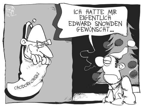 Cartoon: Chodorkowski und Snowden (medium) by Kostas Koufogiorgos tagged chodorkowski,snowden,weihnachten,michel,asyl,russland,deutschland,karikatur,koufogiorgos,chodorkowski,snowden,weihnachten,michel,asyl,russland,deutschland,karikatur,koufogiorgos