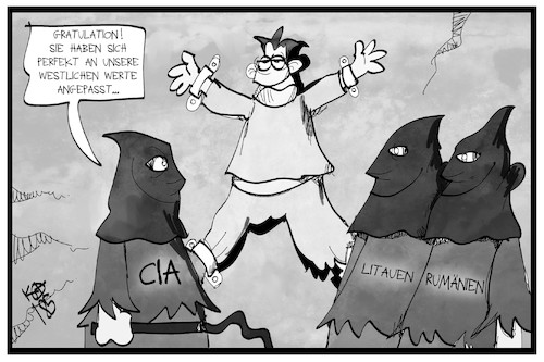 Cartoon: CIA-Folter (medium) by Kostas Koufogiorgos tagged karikatur,koufogiorgos,illustration,cartoon,cia,folter,litauen,rumänien,verurteilung,integration,karikatur,koufogiorgos,illustration,cartoon,cia,folter,litauen,rumänien,verurteilung,integration