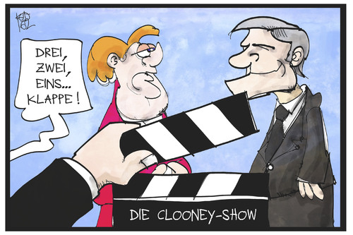 Cartoon: Clooney-Show (medium) by Kostas Koufogiorgos tagged karikatur,koufogiorgos,illustration,cartoon,clooney,merkel,show,klappe,film,szene,treffen,kanzleramt,hollywood,schauspieler,star,karikatur,koufogiorgos,illustration,cartoon,clooney,merkel,show,klappe,film,szene,treffen,kanzleramt,hollywood,schauspieler,star