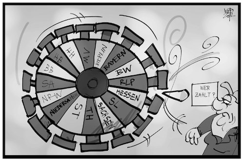 Cartoon: Corona-Kostenübernahme (medium) by Kostas Koufogiorgos tagged karikatur,koufogiorgos,illustration,cartoon,glücksrad,bundesländer,kosten,corona,pandemie,virus,karikatur,koufogiorgos,illustration,cartoon,glücksrad,bundesländer,kosten,corona,pandemie,virus