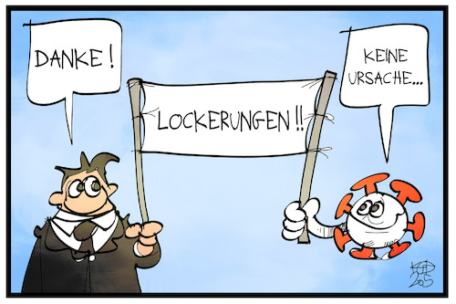 Cartoon: Corona-Lockerungen (medium) by Kostas Koufogiorgos tagged karikatur,koufogiorgos,illustration,cartoon,corona,lockerung,virus,pandemie,demo,transparent,hilfe,demonstrant,karikatur,koufogiorgos,illustration,cartoon,corona,lockerung,virus,pandemie,demo,transparent,hilfe,demonstrant