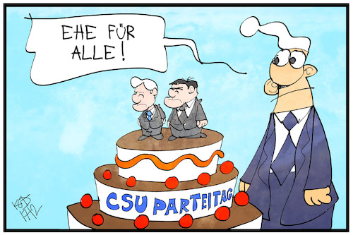 Cartoon: CSU-Parteitag (medium) by Kostas Koufogiorgos tagged karikatur,koufogiorgos,illustration,cartoon,csu,parteitag,partei,seehofer,soeder,ehe,hochzeitstorte,führung,doppelspitze,michel,bayern,karikatur,koufogiorgos,illustration,cartoon,csu,parteitag,partei,seehofer,soeder,ehe,hochzeitstorte,führung,doppelspitze,michel,bayern