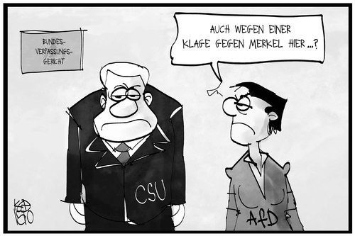 Cartoon: CSU und AfD (medium) by Kostas Koufogiorgos tagged karikatur,koufogiorgos,illustration,cartoon,csu,afd,klage,verfassungsgericht,karlsruhe,politik,partei,regierung,seehofer,petry,rechtsberatung,karikatur,koufogiorgos,illustration,cartoon,csu,afd,klage,verfassungsgericht,karlsruhe,politik,partei,regierung,seehofer,petry,rechtsberatung