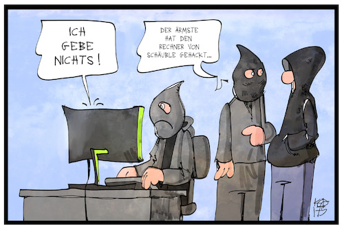 Cartoon: Cyber-Attacke (medium) by Kostas Koufogiorgos tagged karikatur,koufogiorgos,illustration,cartoon,wannacry,virus,hacker,angriff,trojaner,pc,computer,schaeuble,kriminalität,erpressung,geld,technik,karikatur,koufogiorgos,illustration,cartoon,wannacry,virus,hacker,angriff,trojaner,pc,computer,schaeuble,kriminalität,erpressung,geld,technik