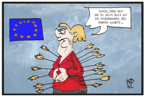 Cartoon: Das Ziel der EU (medium) by Kostas Koufogiorgos tagged karikatur,koufogiorgos,illustration,cartoon,merkel,eu,europa,ziel,pfeile,treffer,gemeinsamkeit,opfer,angriff,politik,karikatur,koufogiorgos,illustration,cartoon,merkel,eu,europa,ziel,pfeile,treffer,gemeinsamkeit,opfer,angriff,politik