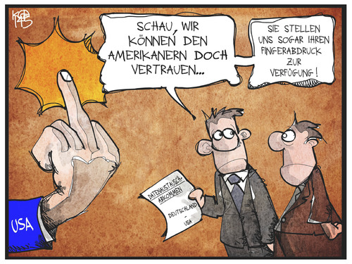 Cartoon: Datenaustausch (medium) by Kostas Koufogiorgos tagged karikatur,koufogiorgos,illustration,cartoon,deutschland,usa,michel,daten,datenschutz,austausch,abkommen,stinkefinger,fingerabdruck,vertrauen,spionage,politik,karikatur,koufogiorgos,illustration,cartoon,deutschland,usa,michel,daten,datenschutz,austausch,abkommen,stinkefinger,fingerabdruck,vertrauen,spionage,politik