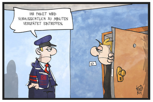 Cartoon: DB-Paketdienst (medium) by Kostas Koufogiorgos tagged karikatur,koufogiorgos,cartoon,illustration,paketdienst,lieferservice,bote,bahn,paket,lieferung,kunde,logistik,wirtschaft,verspätung,karikatur,koufogiorgos,cartoon,illustration,paketdienst,lieferservice,bote,bahn,paket,lieferung,kunde,logistik,wirtschaft,verspätung