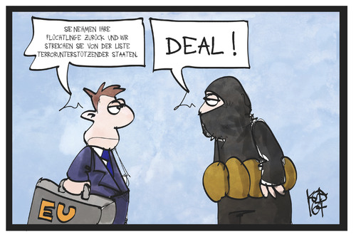 Cartoon: Deal mit Despoten (medium) by Kostas Koufogiorgos tagged karikatur,koufogiorgos,illustration,cartoon,eu,europa,verhandlung,deal,terrorist,terrorismus,flüchtling,land,staat,karikatur,koufogiorgos,illustration,cartoon,eu,europa,verhandlung,deal,terrorist,terrorismus,flüchtling,land,staat