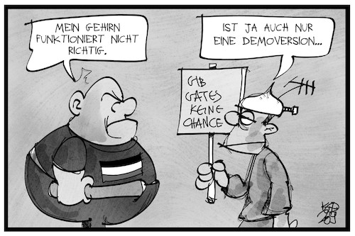 Cartoon: Demo-Version (medium) by Kostas Koufogiorgos tagged karikatur,koufogiorgos,illustration,cartoon,demo,gehirn,dummheit,aluhut,verschwoerung,demonstrant,idiot,karikatur,koufogiorgos,illustration,cartoon,demo,gehirn,dummheit,aluhut,verschwoerung,demonstrant,idiot