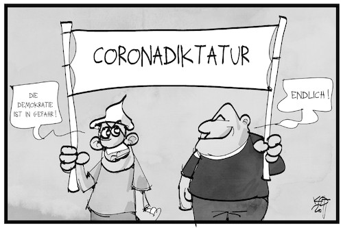 Cartoon: Demokratie in Gefahr (medium) by Kostas Koufogiorgos tagged karikatur,koufogiorgos,illustration,cartoon,demokratie,demo,diktatur,neonazi,aluhut,corona,pandemie,gesetz,protest,karikatur,koufogiorgos,illustration,cartoon,demokratie,demo,diktatur,neonazi,aluhut,corona,pandemie,gesetz,protest