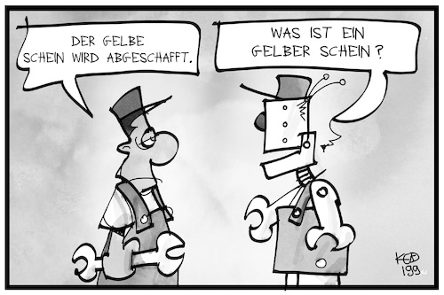 Cartoon: Der gelbe Schein (medium) by Kostas Koufogiorgos tagged karikatur,koufogiorgos,illustration,cartoon,schein,krankmeldung,arbeit,roboter,arbeiter,digitalisierung,gesundheit,krankheit,arbeitnehmer,karikatur,koufogiorgos,illustration,cartoon,schein,krankmeldung,arbeit,roboter,arbeiter,digitalisierung,gesundheit,krankheit,arbeitnehmer