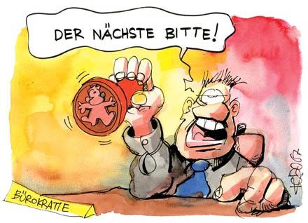 Cartoon: Der Nächste bitte! (medium) by Kostas Koufogiorgos tagged bürokratie,beamte,bürokratie,beamte,beamter,beamtentum,amt,ämter,monotonie,routine,gleichgültigkeit,apathie,teilnahmslos,engstirnig,sinnlosigkeit,wahnsinn,willkür,abstempeln,stempel,schubladendenken,einstufen,statistik,zahlen,praxis,theorie