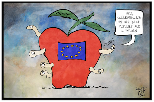 Cartoon: Der neue Populist aus Schweden (medium) by Kostas Koufogiorgos tagged karikatur,koufogiorgos,illustration,cartoon,schweden,populist,apfel,europa,eu,faul,populismus,europäische,union,karikatur,koufogiorgos,illustration,cartoon,schweden,populist,apfel,europa,eu,faul,populismus,europäische,union