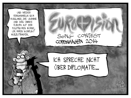 Cartoon: Der Ukraine-Konflikt beim ESC (medium) by Kostas Koufogiorgos tagged karikatur,koufogiorgos,illustration,cartoon,eurovision,esc,song,contest,grand,prix,ukraine,russland,europa,diplomatie,bühne,politik,reporter,medien,kopenhagen,2014,konflikt,karikatur,koufogiorgos,illustration,cartoon,eurovision,esc,song,contest,grand,prix,ukraine,russland,europa,diplomatie,bühne,politik,reporter,medien,kopenhagen,2014,konflikt