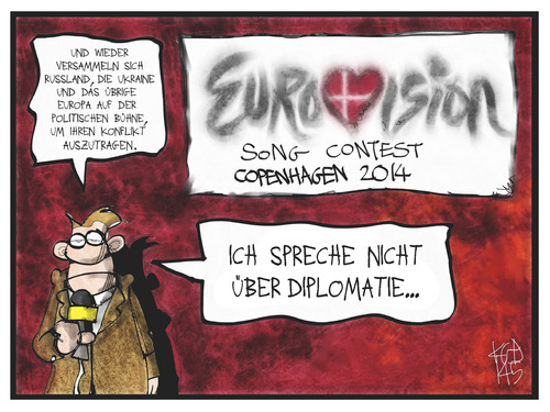 Cartoon: Der Ukraine-Konflikt beim ESC (medium) by Kostas Koufogiorgos tagged karikatur,koufogiorgos,illustration,cartoon,eurovision,esc,song,contest,grand,prix,ukraine,russland,europa,diplomatie,bühne,politik,reporter,medien,kopenhagen,2014,konflikt,karikatur,koufogiorgos,illustration,cartoon,eurovision,esc,song,contest,grand,prix,ukraine,russland,europa,diplomatie,bühne,politik,reporter,medien,kopenhagen,2014,konflikt