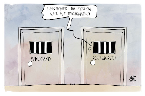 Cartoon: Der Wirecard-Prozess beginnt (medium) by Kostas Koufogiorgos tagged karikatur,koufogiorgos,wirecard,reichsbürger,zelle,gefängnis,haft,prozess,reichsmark,karikatur,koufogiorgos,wirecard,reichsbürger,zelle,gefängnis,haft,prozess,reichsmark