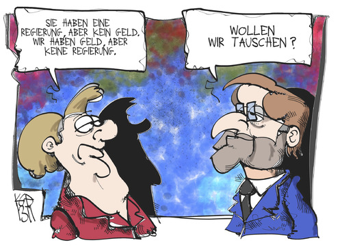 Cartoon: Deutsch-griechischer Tausch (medium) by Kostas Koufogiorgos tagged deutschland,griechenland,merkel,samaras,regierung,geld,euro,krise,europa,karikatur,koufogiorgos,deutschland,griechenland,merkel,samaras,regierung,geld,euro,krise,europa,karikatur,koufogiorgos