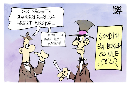 Cartoon: Deutsche Bahn (medium) by Kostas Koufogiorgos tagged karikatur,koufogiorgos,bahn,wissing,zauberer,schüler,magie,karikatur,koufogiorgos,bahn,wissing,zauberer,schüler,magie