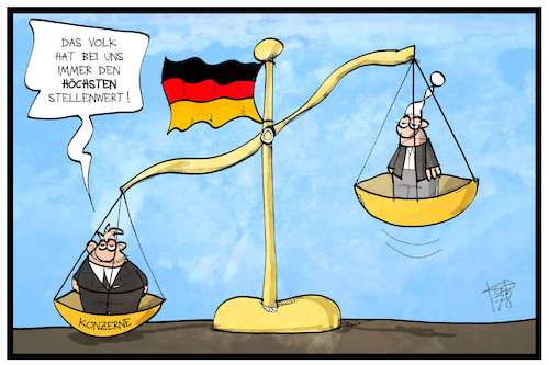 Cartoon: Deutsche Konzerne (medium) by Kostas Koufogiorgos tagged karikatur,koufogiorgos,illustration,cartoon,industrie,volk,michel,waage,gewicht,stellenwert,wichtigkeit,wirtschaft,bedeutung,karikatur,koufogiorgos,illustration,cartoon,industrie,volk,michel,waage,gewicht,stellenwert,wichtigkeit,wirtschaft,bedeutung