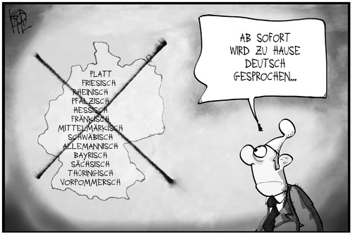 Cartoon: Deutsche Sprache (medium) by Kostas Koufogiorgos tagged karikatur,koufogiorgos,illustration,cartoon,michel,deutschland,deutsch,dialekt,mundart,sprache,sprachvielfalt,verbot,karikatur,koufogiorgos,illustration,cartoon,michel,deutschland,deutsch,dialekt,mundart,sprache,sprachvielfalt,verbot