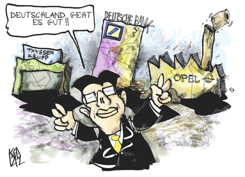 Cartoon: Deutschland gehts gut! (medium) by Kostas Koufogiorgos tagged koufogiorgos,kostas,karikatur,opel,krupp,thyssen,rösler,wirtschaftsminister,wirtschaft,deutschland,deutschland,wirtschaft,wirtschaftsminister,rösler,thyssen,krupp,opel,karikatur,kostas,koufogiorgos