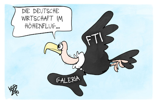 Cartoon: Deutsche Wirtschaft (medium) by Kostas Koufogiorgos tagged karikatur,koufogiorgos,wirtschaft,geier,galeria,fti,insolvenz,pleite,karikatur,koufogiorgos,wirtschaft,geier,galeria,fti,insolvenz,pleite