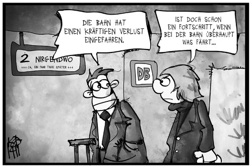 Cartoon: Die Bahn fährt ein (medium) by Kostas Koufogiorgos tagged karikatur,koufogiorgos,illustration,cartoon,bahn,verlust,fahren,bahnhof,passagier,fahrgast,zuverlässigkeit,pünktlichkeit,fortschritt,karikatur,koufogiorgos,illustration,cartoon,bahn,verlust,fahren,bahnhof,passagier,fahrgast,zuverlässigkeit,pünktlichkeit,fortschritt