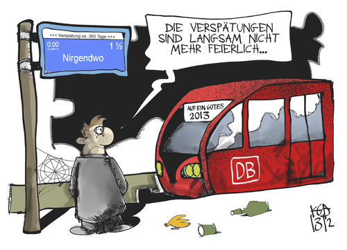 Cartoon: Die Bahn kommt (medium) by Kostas Koufogiorgos tagged bahn,db,verspätung,2014,neujahr,verkehr,öpnv,karikatur,koufogiorgos,bahn,db,verspätung,2014,neujahr,verkehr,öpnv,karikatur,koufogiorgos