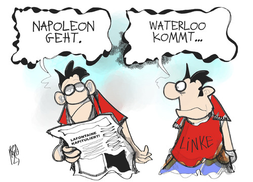 Cartoon: Die Linke (medium) by Kostas Koufogiorgos tagged lafontaine,linke,partei,vorsitz,napoleon,waterloo,kandidatur,politik,karikatur,kostas,koufogiorgos,lafontaine,linke,partei,napoleon,waterloo