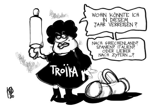 Cartoon: Die Troika schlägt zu (medium) by Kostas Koufogiorgos tagged troika,sparmaßnahmen,griechenland,spanien,italien,zypen,euro,schulden,krise,ezb,iwf,europa,karikatur,kostas,koufogiorgos,troika,griechenland,spanien,italien,zypen,schulden,krise,iwf,ezb