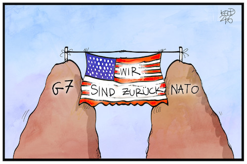 Cartoon: Die USA sind zurück (medium) by Kostas Koufogiorgos tagged karikatur,koufogiorgos,illustration,cartoon,usa,fahne,flagge,nato,gipfel,karikatur,koufogiorgos,illustration,cartoon,usa,fahne,flagge,nato,gipfel