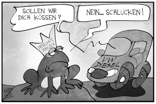 Cartoon: Dieselgate-Vergleich (medium) by Kostas Koufogiorgos tagged karikatur,koufogiorgos,illustration,cartoon,vw,volkswagen,deal,vergleich,dieselgate,abgasskandal,frosch,kröte,prinz,kunde,autofahrer,diesel,verbraucher,karikatur,koufogiorgos,illustration,cartoon,vw,volkswagen,deal,vergleich,dieselgate,abgasskandal,frosch,kröte,prinz,kunde,autofahrer,diesel,verbraucher