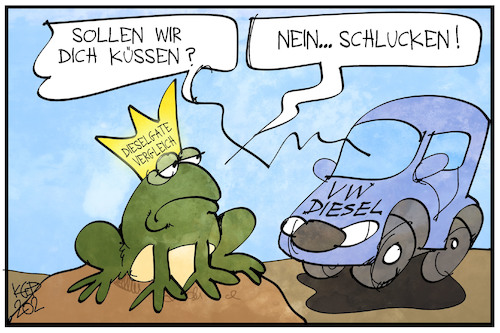 Cartoon: Dieselgate-Vergleich (medium) by Kostas Koufogiorgos tagged karikatur,koufogiorgos,illustration,cartoon,vw,volkswagen,deal,vergleich,dieselgate,abgasskandal,frosch,kröte,prinz,kunde,autofahrer,diesel,verbraucher,karikatur,koufogiorgos,illustration,cartoon,vw,volkswagen,deal,vergleich,dieselgate,abgasskandal,frosch,kröte,prinz,kunde,autofahrer,diesel,verbraucher