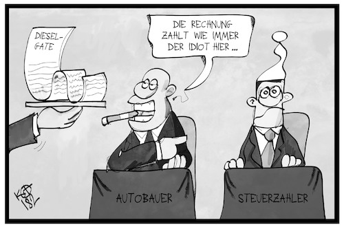 Cartoon: Dieselgate (medium) by Kostas Koufogiorgos tagged karikatur,koufogiorgos,illustration,cartoon,diesel,gate,skandal,abgasskandal,michel,steuerzahler,autobauer,wirtschaft,rechnung,lokal,quittung,geld,steuergeld,karikatur,koufogiorgos,illustration,cartoon,diesel,gate,skandal,abgasskandal,michel,steuerzahler,autobauer,wirtschaft,rechnung,lokal,quittung,geld,steuergeld