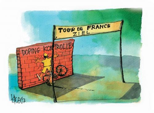 Cartoon: Dopingkontrolle (medium) by Kostas Koufogiorgos tagged radsport,doping,blut,deutschland,tour,de,france,kostas,koufogiorgos,tour de france,tour,de,france,doping,dopen,aufputschmittel,blut,disqualifizierung,radprofi,radsport,sport,betrug,skandal,kontrolle,zieleinfahrt,zieleinlauf,mauer,wand