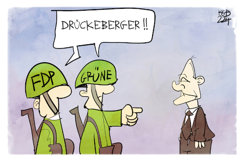 Cartoon: Drückeberger Scholz (medium) by Kostas Koufogiorgos tagged karikatur,koufogiorgos,fdp,grüne,spd,ampel,scholz,drückeberger,aufrüstung,karikatur,koufogiorgos,fdp,grüne,spd,ampel,scholz,drückeberger,aufrüstung