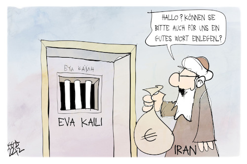 Cartoon: Ein gutes Wort für den Iran (medium) by Kostas Koufogiorgos tagged karikatur,koufogiorgos,kaili,iran,zelle,haft,gefängnis,eu,bestechung,korruption,karikatur,koufogiorgos,kaili,iran,zelle,haft,gefängnis,eu,bestechung,korruption