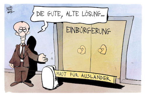 Cartoon: Einbürgerungsgesetz (medium) by Kostas Koufogiorgos tagged karikatur,koufogiorgos,einbürgerung,merz,union,maut,ausländer,karikatur,koufogiorgos,einbürgerung,merz,union,maut,ausländer