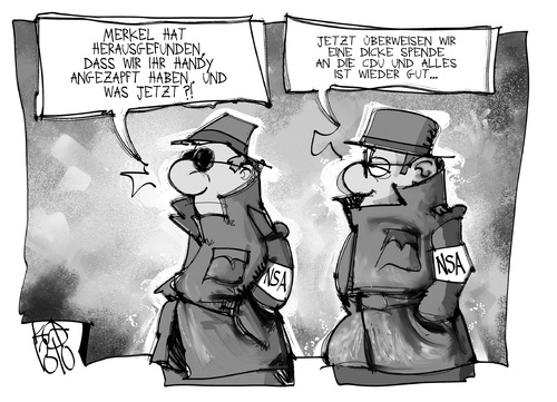 Cartoon: Eine Spende von der NSA (medium) by Kostas Koufogiorgos tagged nsa,cdu,merkel,spende,skandal,affäre,agent,handy,karikatur,koufogiorgos,spionage,nsa,cdu,merkel,spende,skandal,affäre,agent,handy,karikatur,koufogiorgos,spionage