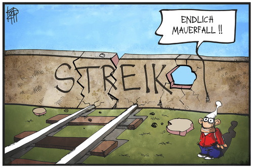 Cartoon: Ende des Bahnstreiks (medium) by Kostas Koufogiorgos tagged karikatur,koufogiorgos,illustration,cartoon,bahn,streik,gdl,mauer,gleise,schiene,mauerfall,arbeitskampf,lokführer,karikatur,koufogiorgos,illustration,cartoon,bahn,streik,gdl,mauer,gleise,schiene,mauerfall,arbeitskampf,lokführer