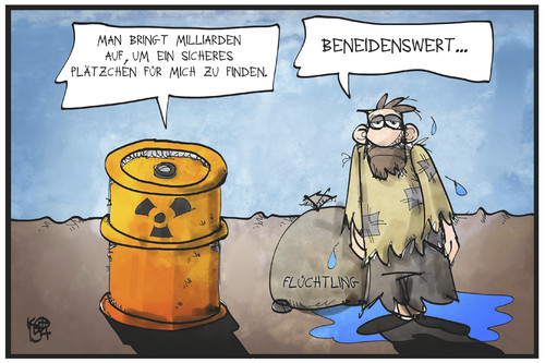 Cartoon: Endlagersuche (medium) by Kostas Koufogiorgos tagged karikatur,koufogiorgos,illustration,cartoon,flüchtling,endlager,flüchtlingslager,atommuell,fass,akw,nuklear,kosten,milliarden,hilfe,entsorgung,sicherheit,politik,karikatur,koufogiorgos,illustration,cartoon,flüchtling,endlager,flüchtlingslager,atommuell,fass,akw,nuklear,kosten,milliarden,hilfe,entsorgung,sicherheit,politik