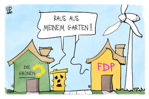 Cartoon: Energiewende (medium) by Kostas Koufogiorgos tagged karikatur,koufogiorgos,gruene,fdp,atomkraft,windkraft,windrad,energiewende,garten,abstandsregel,karikatur,koufogiorgos,gruene,fdp,atomkraft,windkraft,windrad,energiewende,garten,abstandsregel