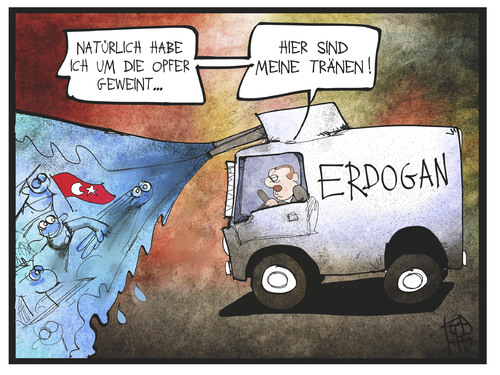 Cartoon: Erdogans Tränen (medium) by Kostas Koufogiorgos tagged karikatur,koufogiorgos,illustration,cartoon,erdogan,soma,türkei,wasserwerfer,demonstration,protest,grubenunglück,bergbau,arbeit,politik,karikatur,koufogiorgos,illustration,cartoon,erdogan,soma,türkei,wasserwerfer,demonstration,protest,grubenunglück,bergbau,arbeit,politik