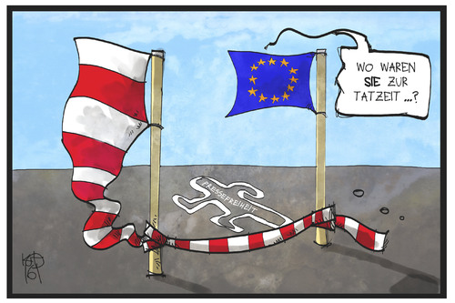 Cartoon: Ermittlung gegen Polen (medium) by Kostas Koufogiorgos tagged karikatur,koufogiorgos,illustration,cartoon,polen,eu,europa,kommission,verfahren,ermittlung,alibi,mord,pressefreiheit,tatort,fahne,flagge,flatterband,absperrung,mediengesetz,karikatur,koufogiorgos,illustration,cartoon,polen,eu,europa,kommission,verfahren,ermittlung,alibi,mord,pressefreiheit,tatort,fahne,flagge,flatterband,absperrung,mediengesetz